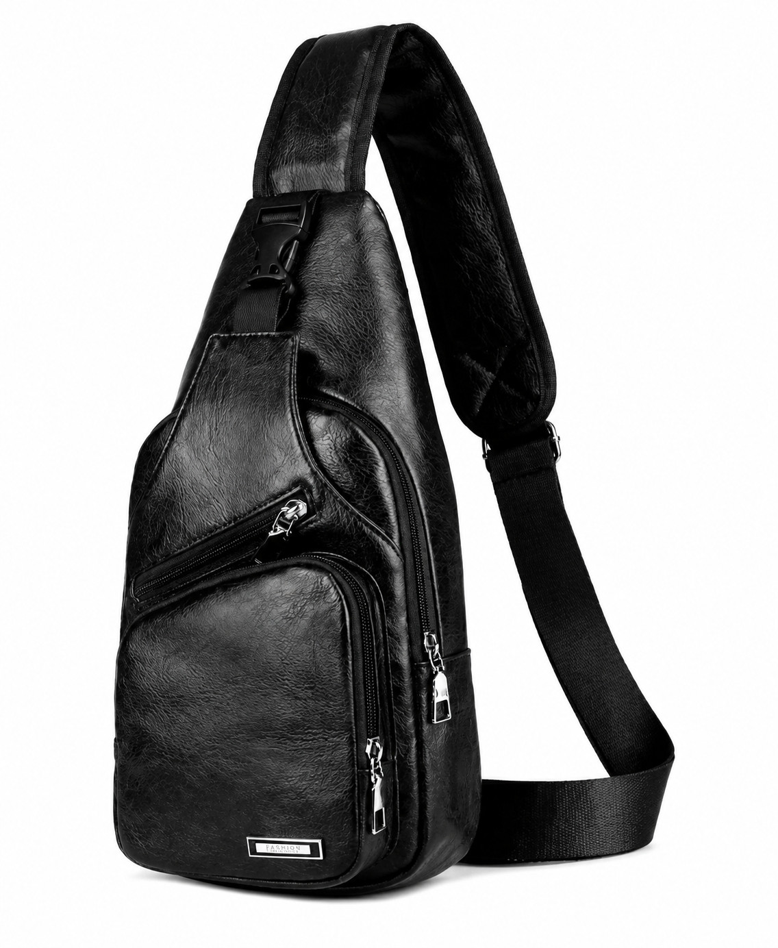 Black Chest Crossbody Bag Sling Backpack for Men with USB Charge Port