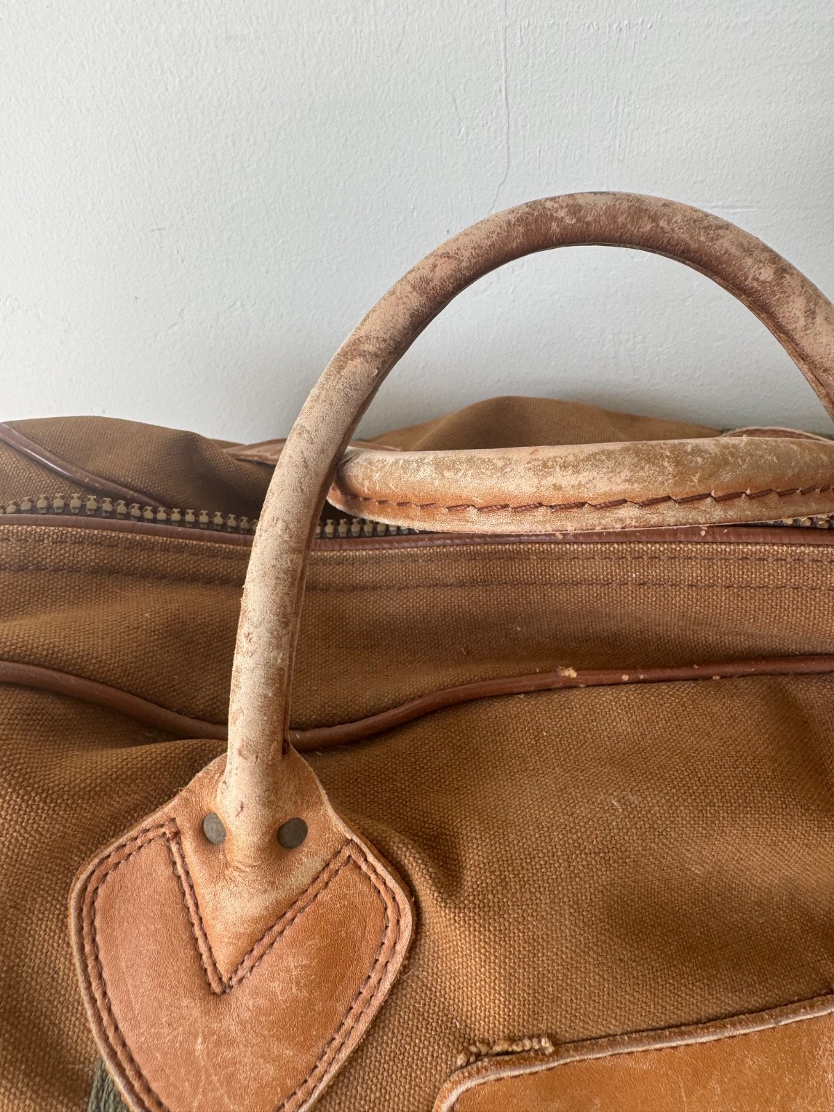 Vintage LL Bean Gym Bag Duffle Brown Olive Green Canvas Leather USA 18″ Tote