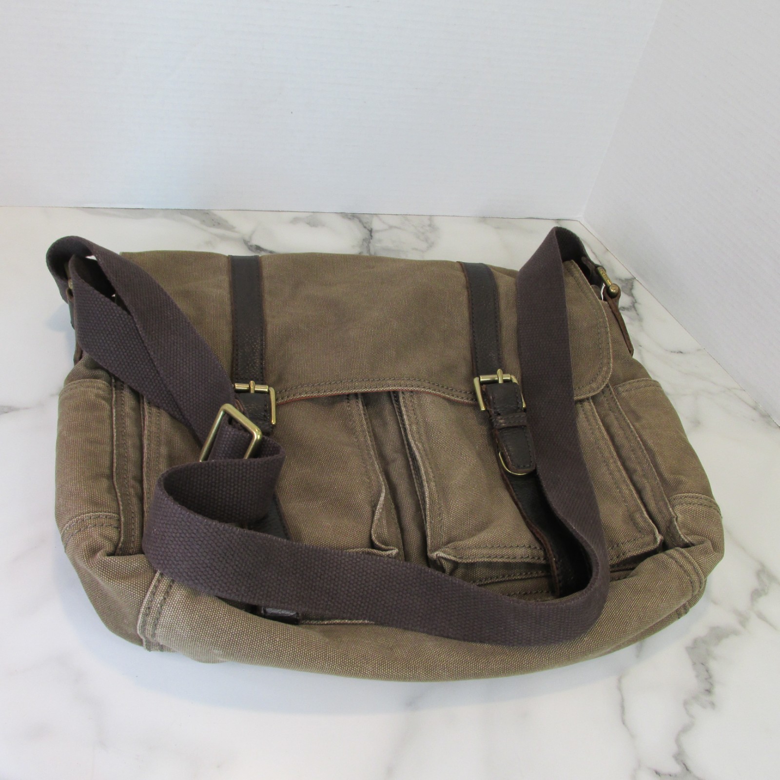 Fossil Estate Messenger Bag Olive Green Canvas Brown Leather Trim Crossbody