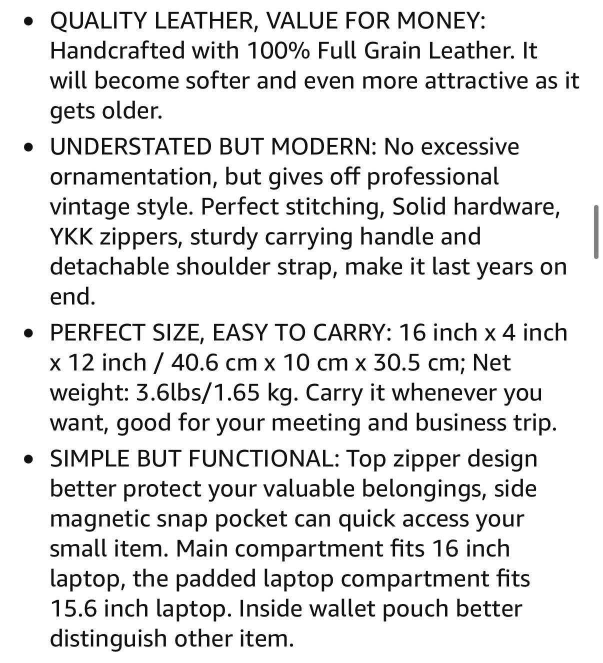 Full Grain Leather Laptop Briefcase 16 x 12 x 4” Messenger Bag Tote Satchel