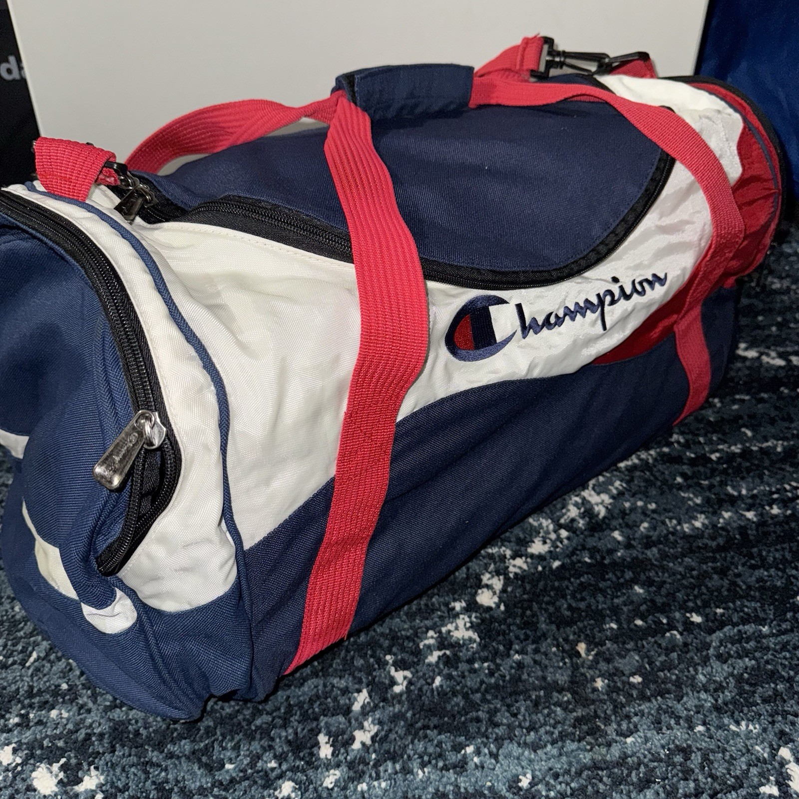 CHAMPION Red White Blue USA Duffel Bag Soft Zipper Vintage Shoulder Strap EUC