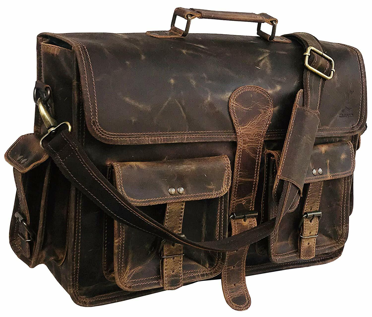18 Inch Vintage Genuine Buffalo Leather Messenger Bag Laptop Briefcase Satchel