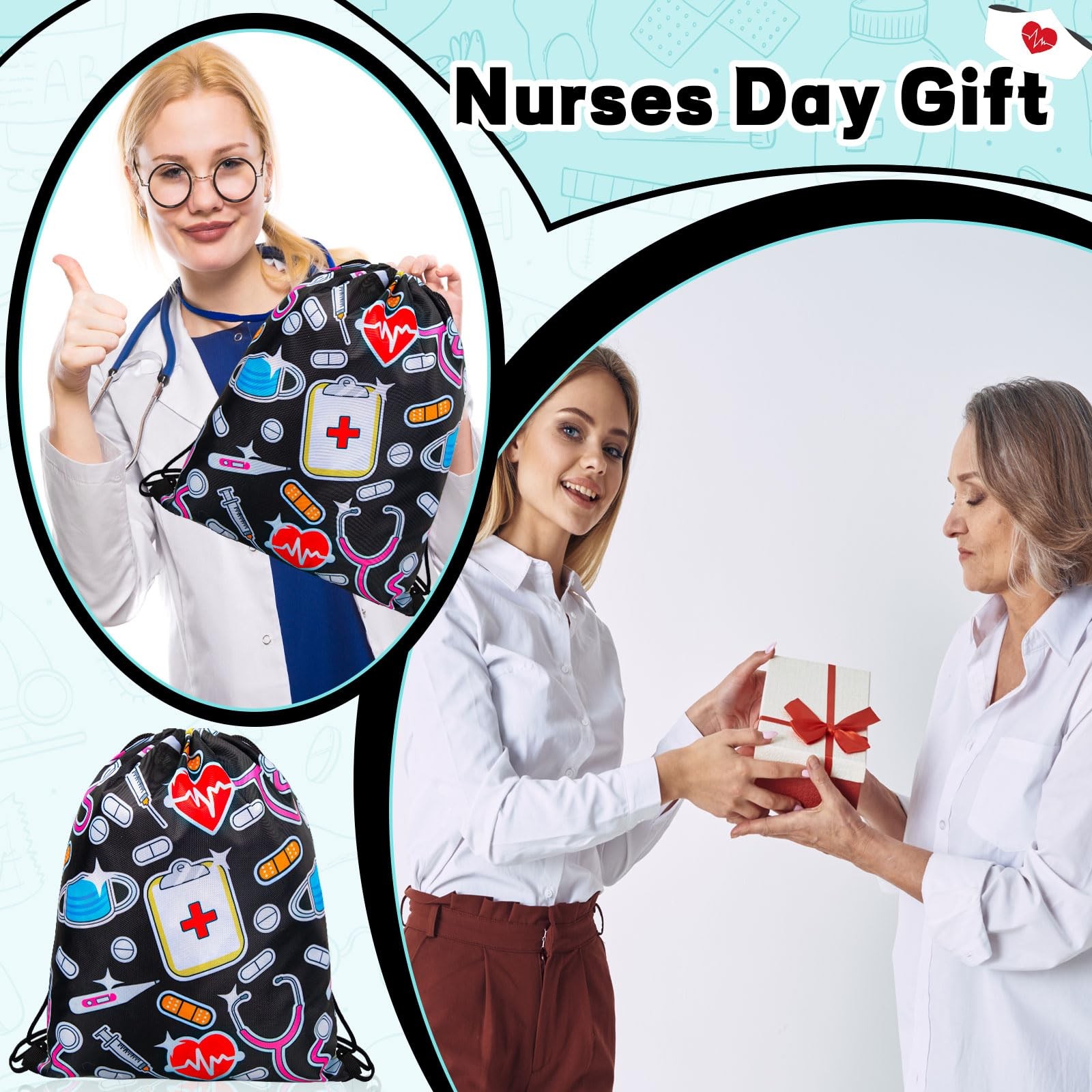 24 Pcs Nurse Drawstring Backpack Nurse Themed Pattern Shoulder Bags Funny Nur…