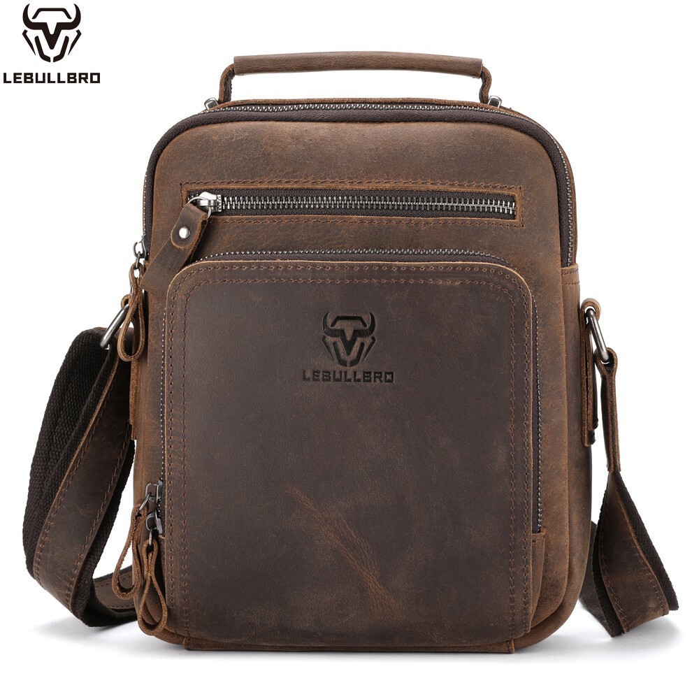 LEBULLBRO Men’s Crazy Horse Leather Crossbody Bag Shoulder Business Handbag M