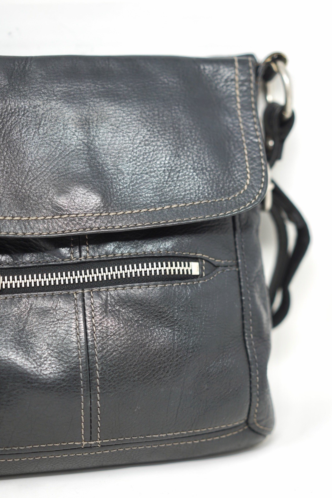 Fossil Black Genuine Pebbled Leather Crossbody Organizer Messenger Bag Purse