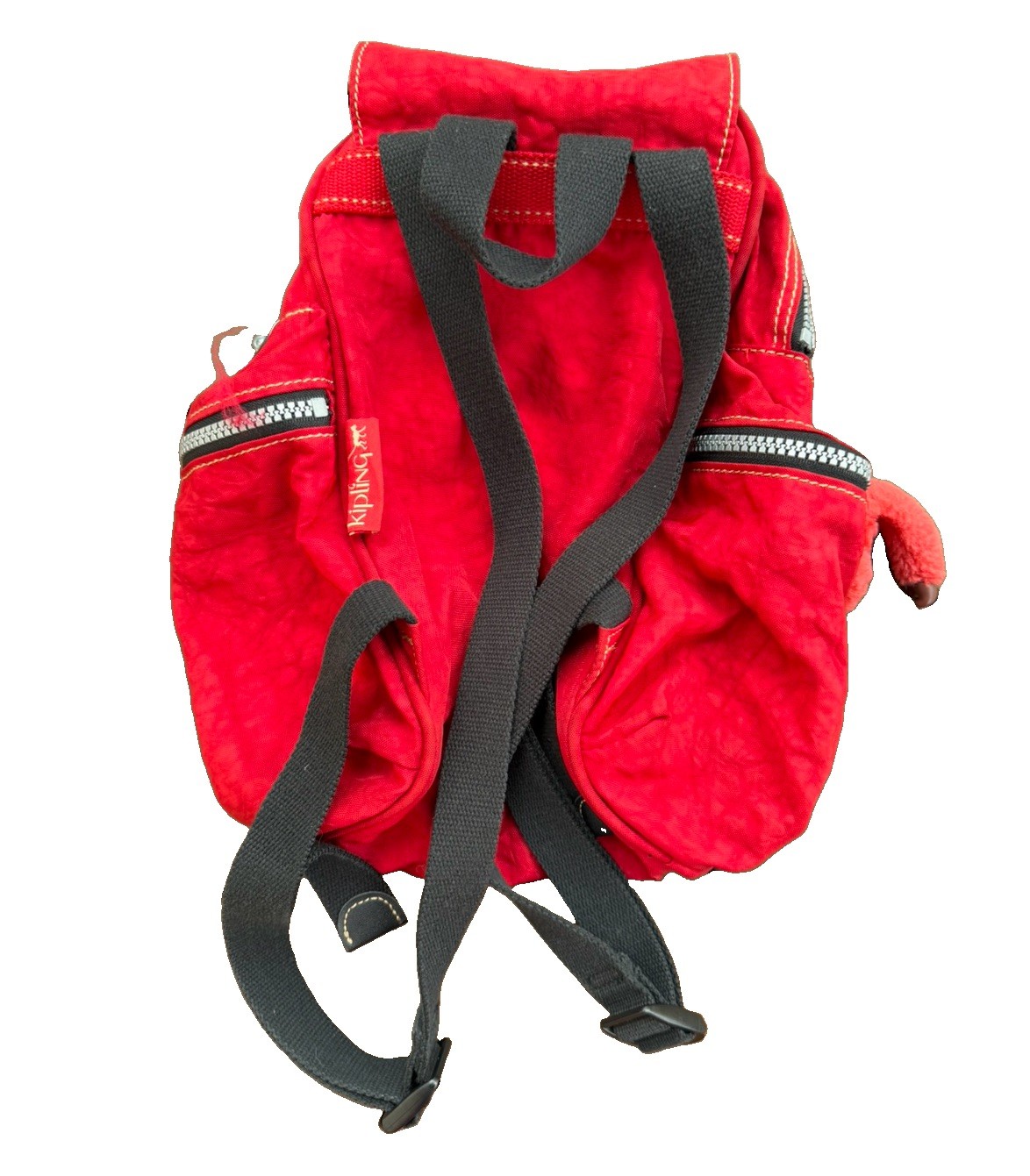 Kipling Red & Black Solid Backpack Monkey Keychain Zip Closure Adjustable Straps
