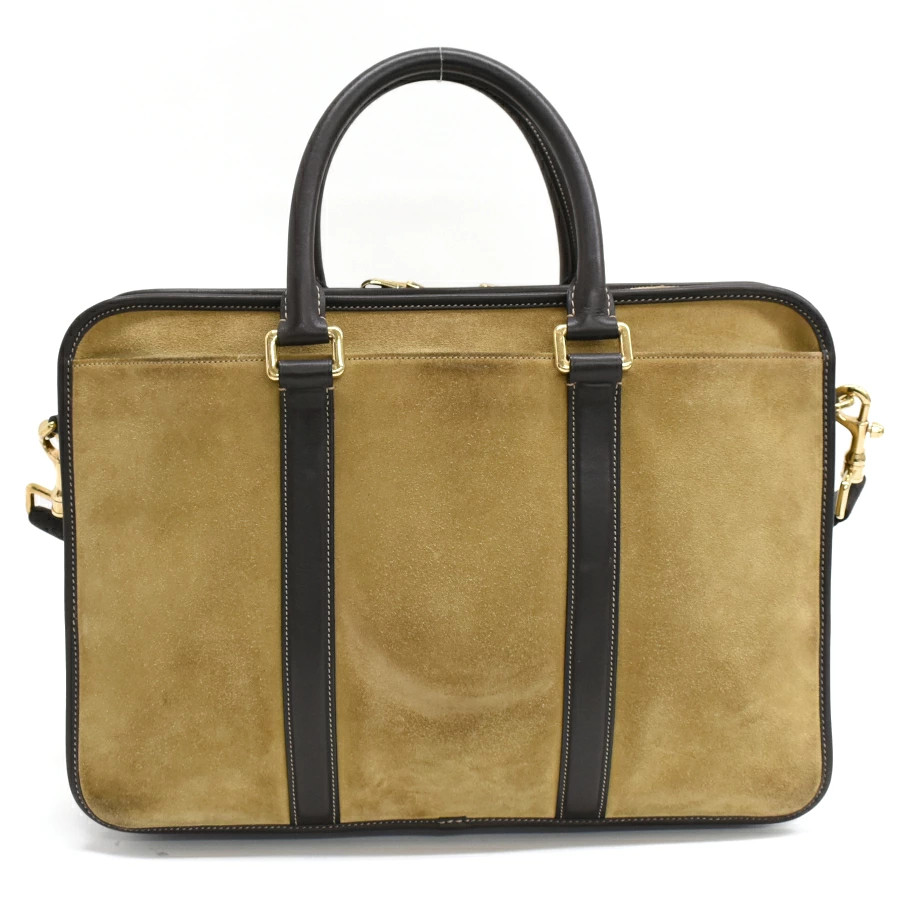 LOEWE 2way Briefcase Business Bag Suede Leather Anagram Khaki Green Brown Gold