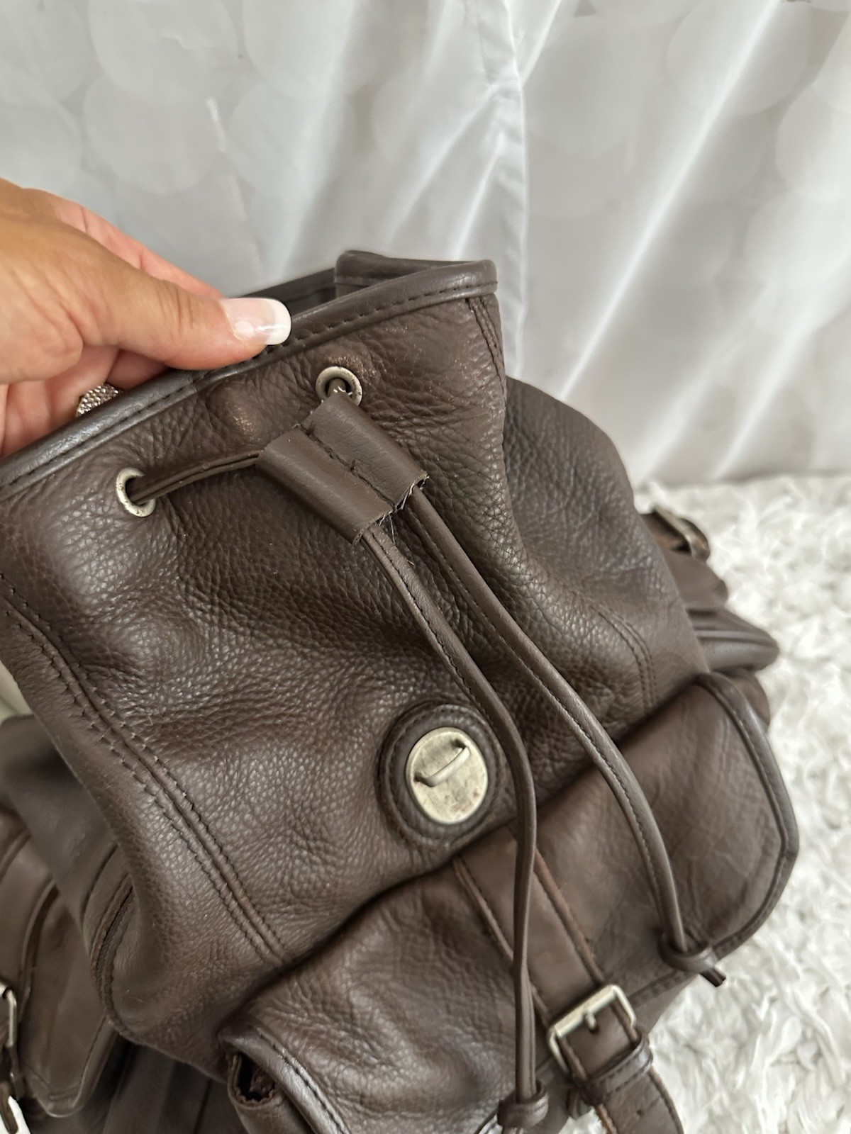 Vintage Leather Drawstring Backpack Brown Distressed Genuine Cowhide Unisex