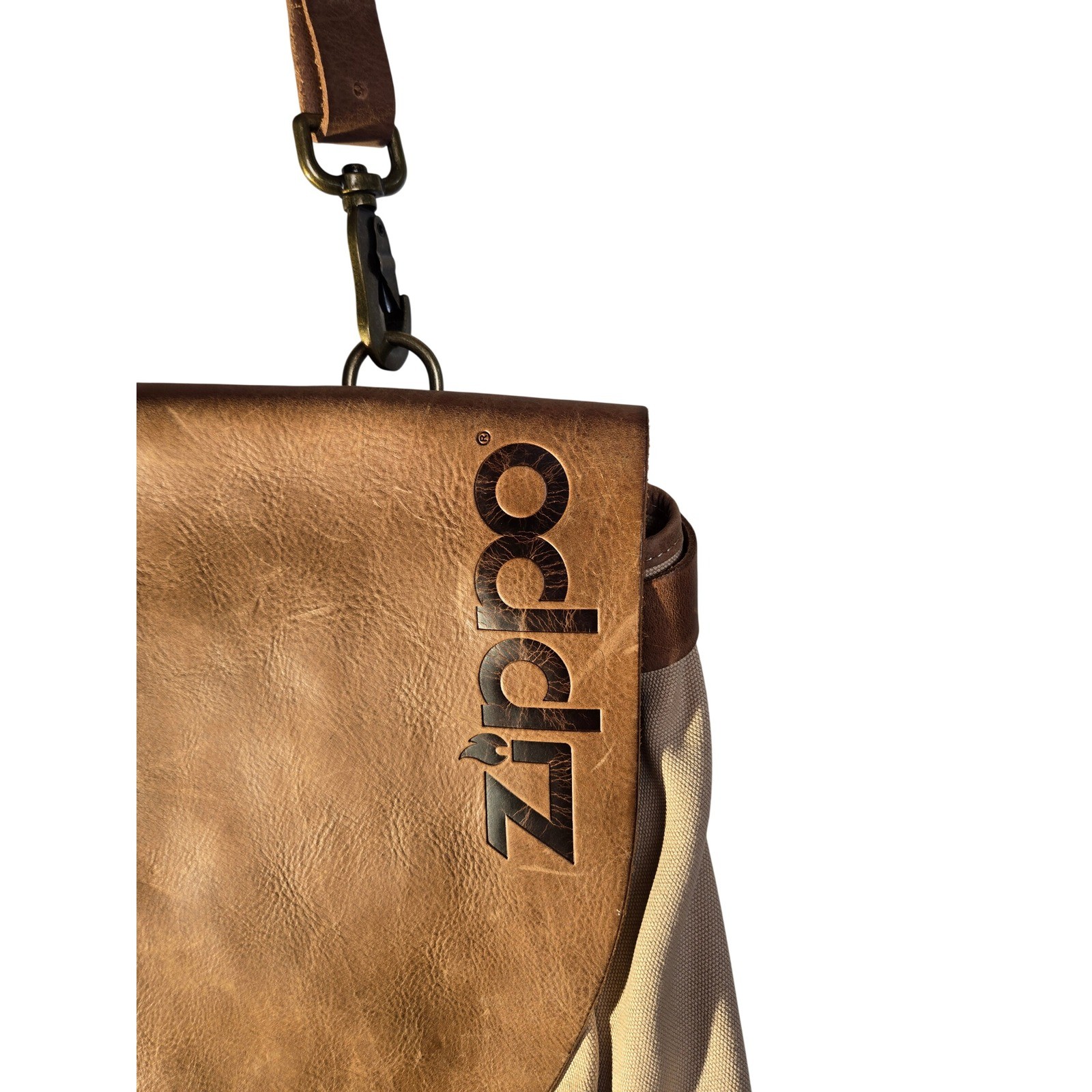Zippo Messenger Bag Tan Canvas Brown Leather Embossed Logo Crossbody Work Bag