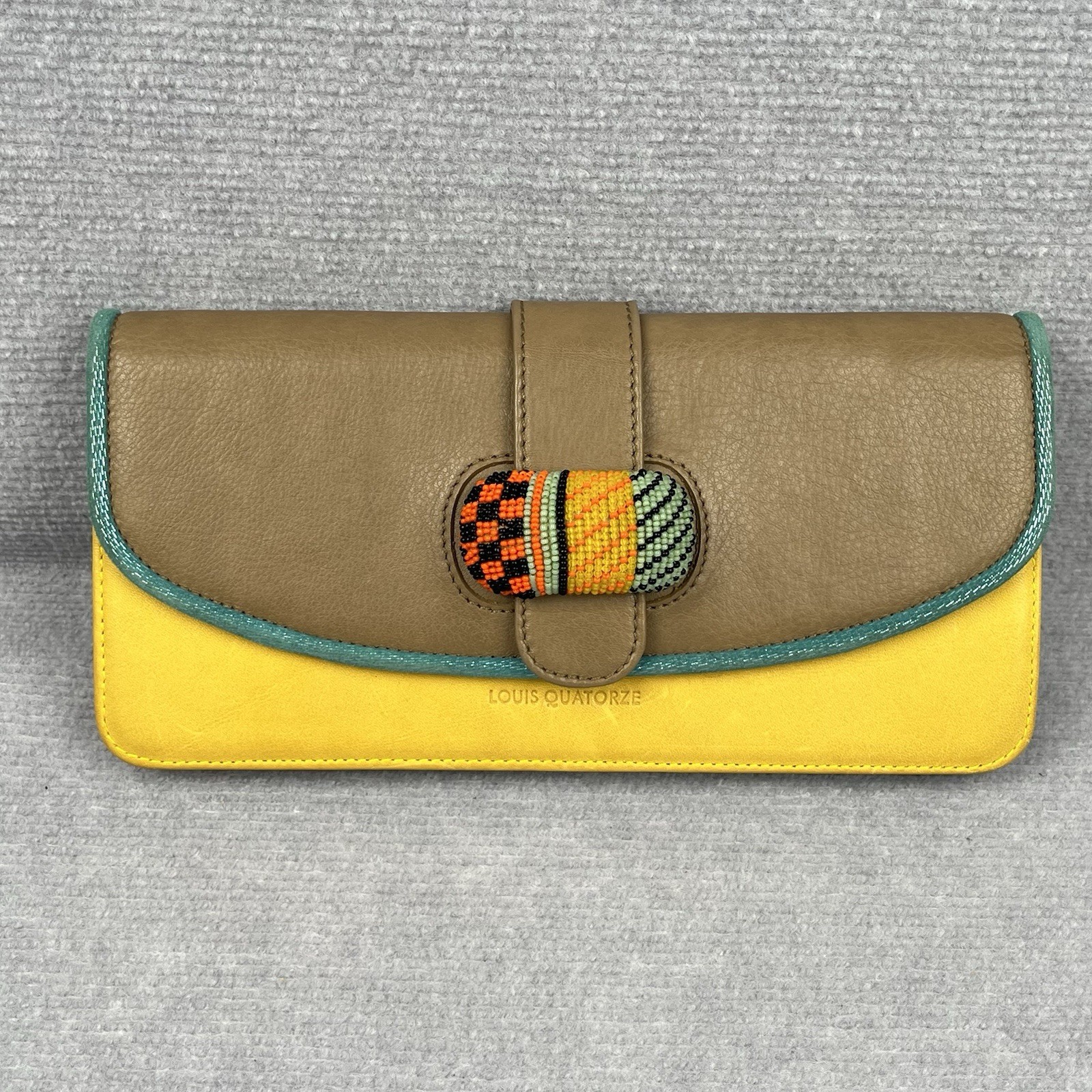 Louis Quatorze Leather Clutch Bag Yellow Taupe Beaded Clasp Made in Spain