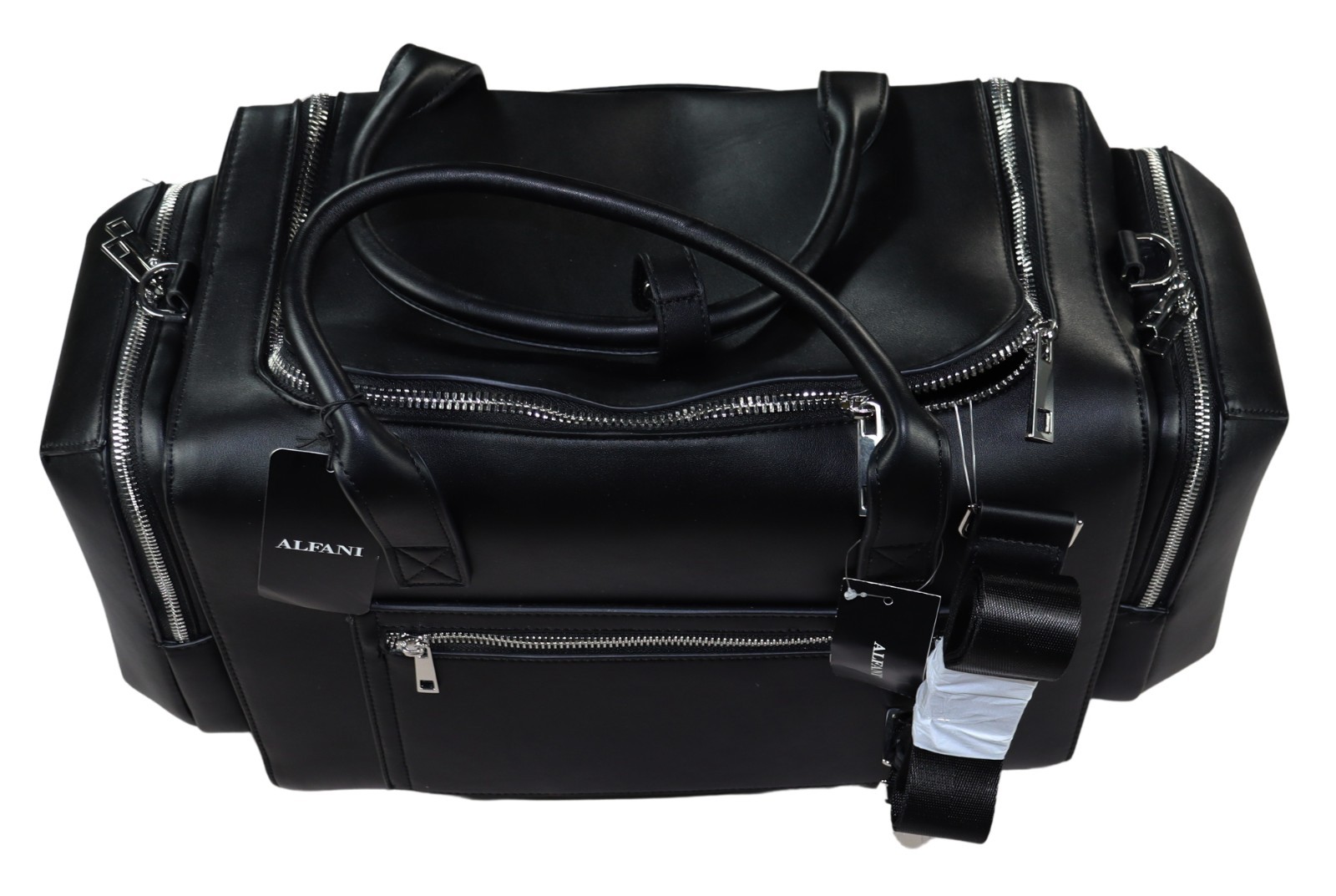 Alfani Faux Leather Multi-Pocket Zippered Duffle Bag Shoulder Strap & Handle NWT