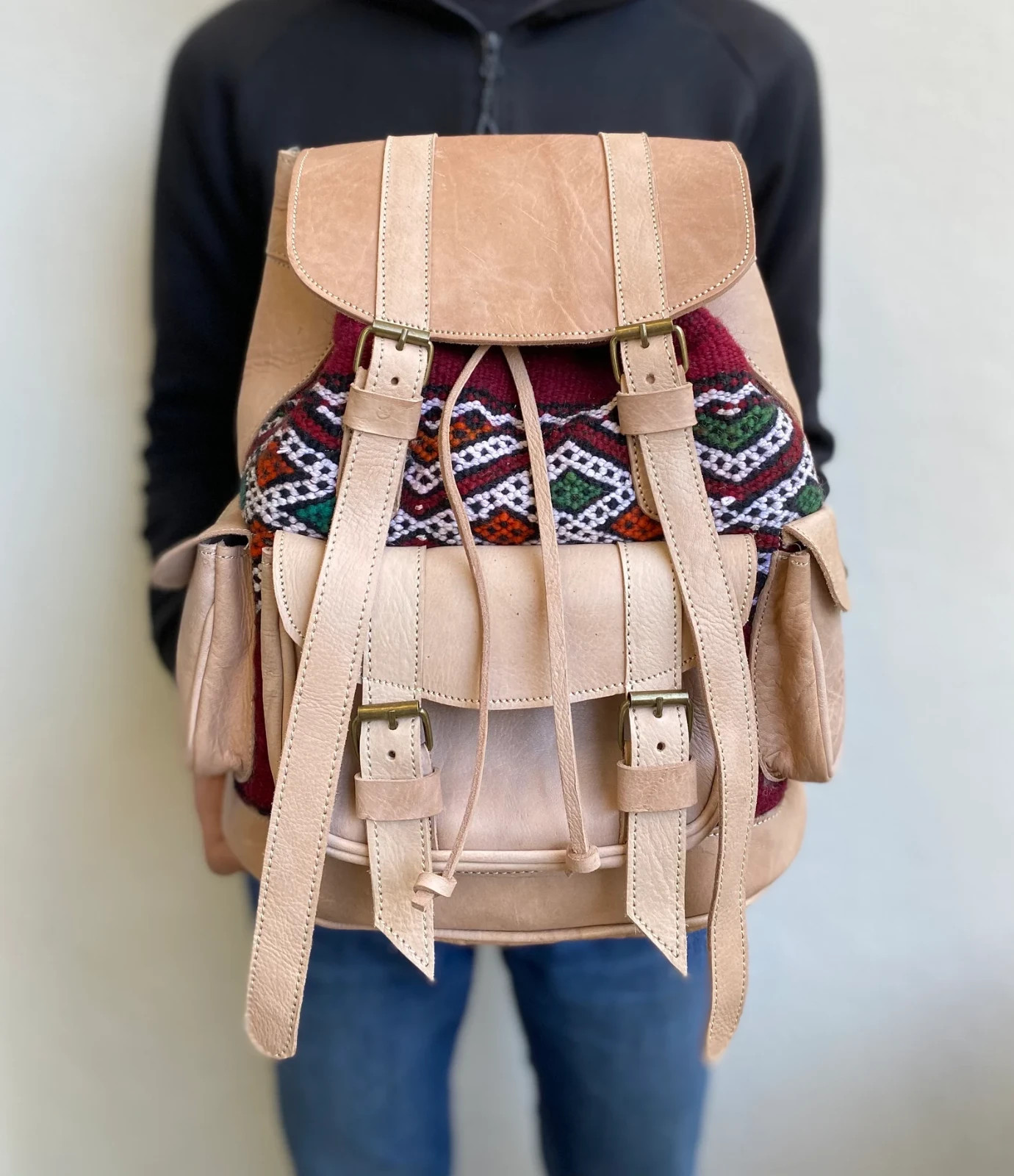 Handcrafted Genuine Leather & Red Kilim Backpack – Brown Leather | Central Zip