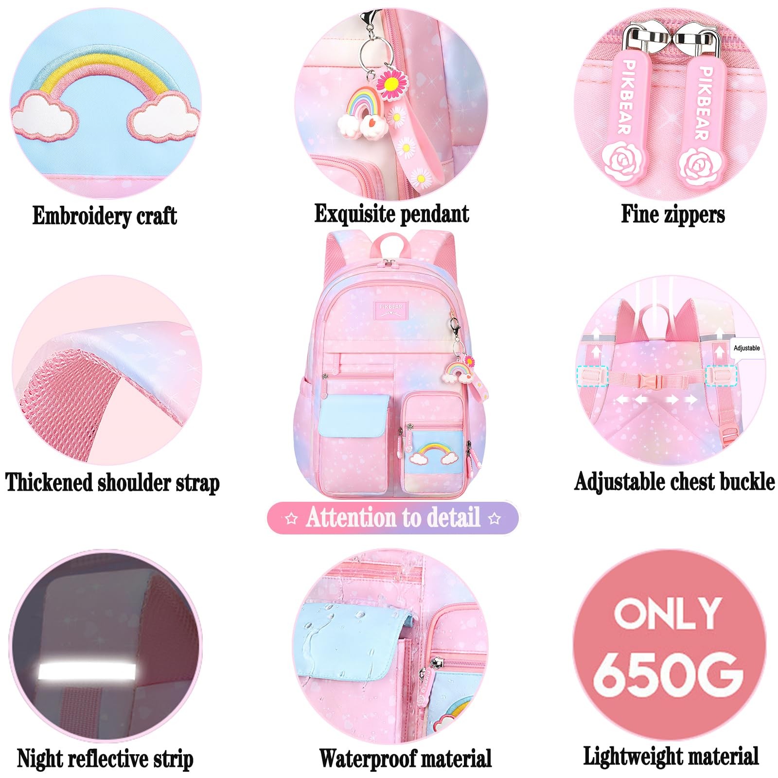 Rainbow Backpack for Girls Cute School Bag with Pen Bag Aesthetic Starry