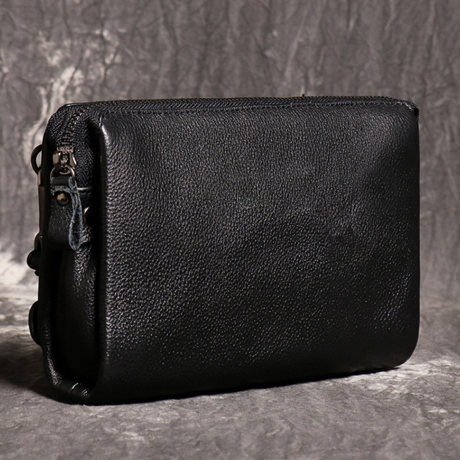 Mens Black Leather Wristlet Genuine Leather Clutch Bag Card Organizer