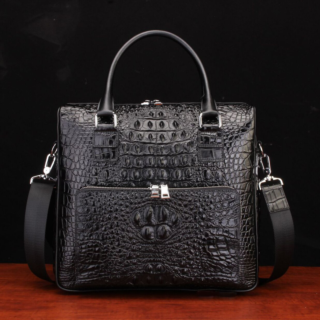 Top Cowhide Leather Business Handbag, Crocodile Pattern Briefcase Shoulder Bag