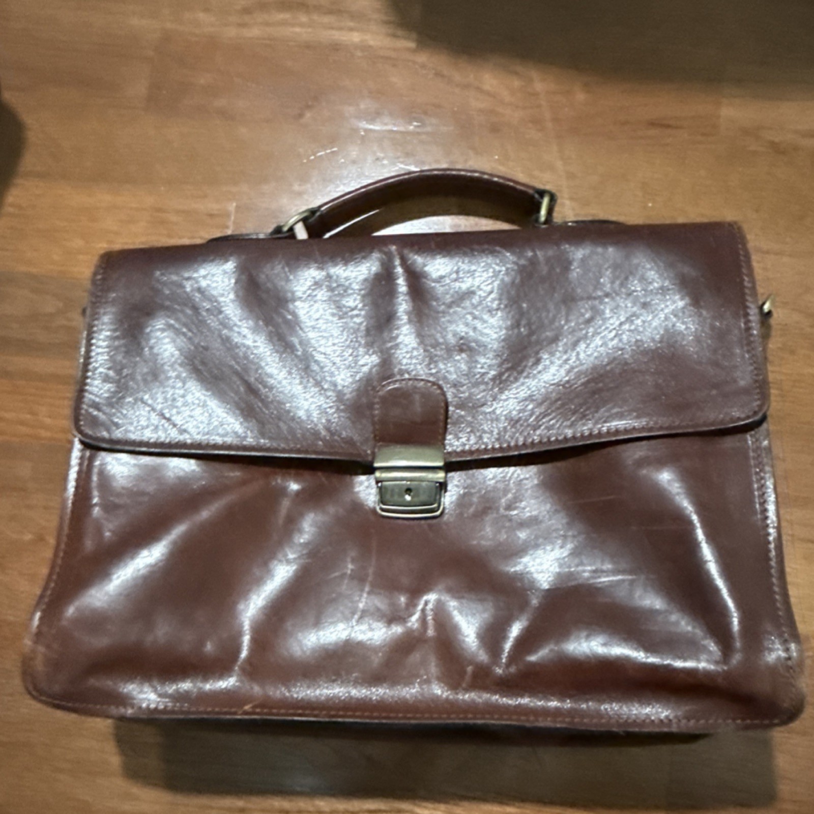 Old Angler Brown Italian Briefcase Men’s Adjustable Strap Push Lock Zip