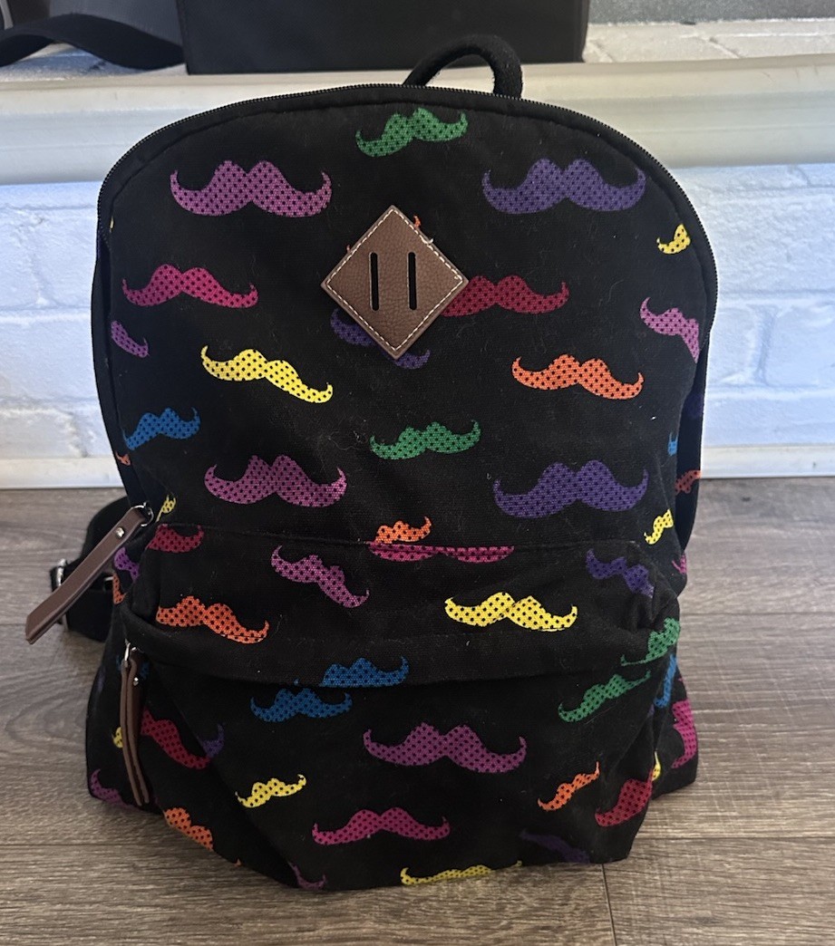 CANDIES Brand Backpack Black Colorful Moustache Print. Large Compartment Zipper
