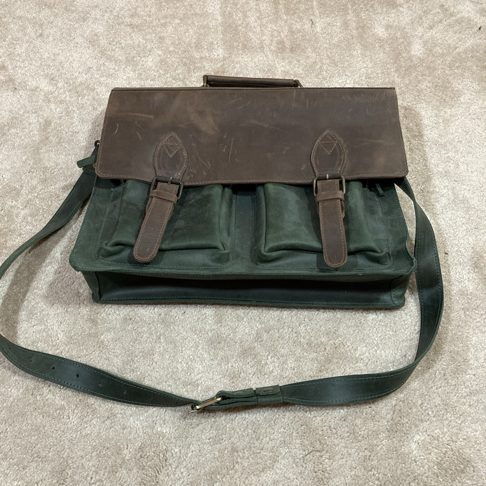 Vintage Briefcase Laptop Carrier Leather Brown & Olive Green Custom