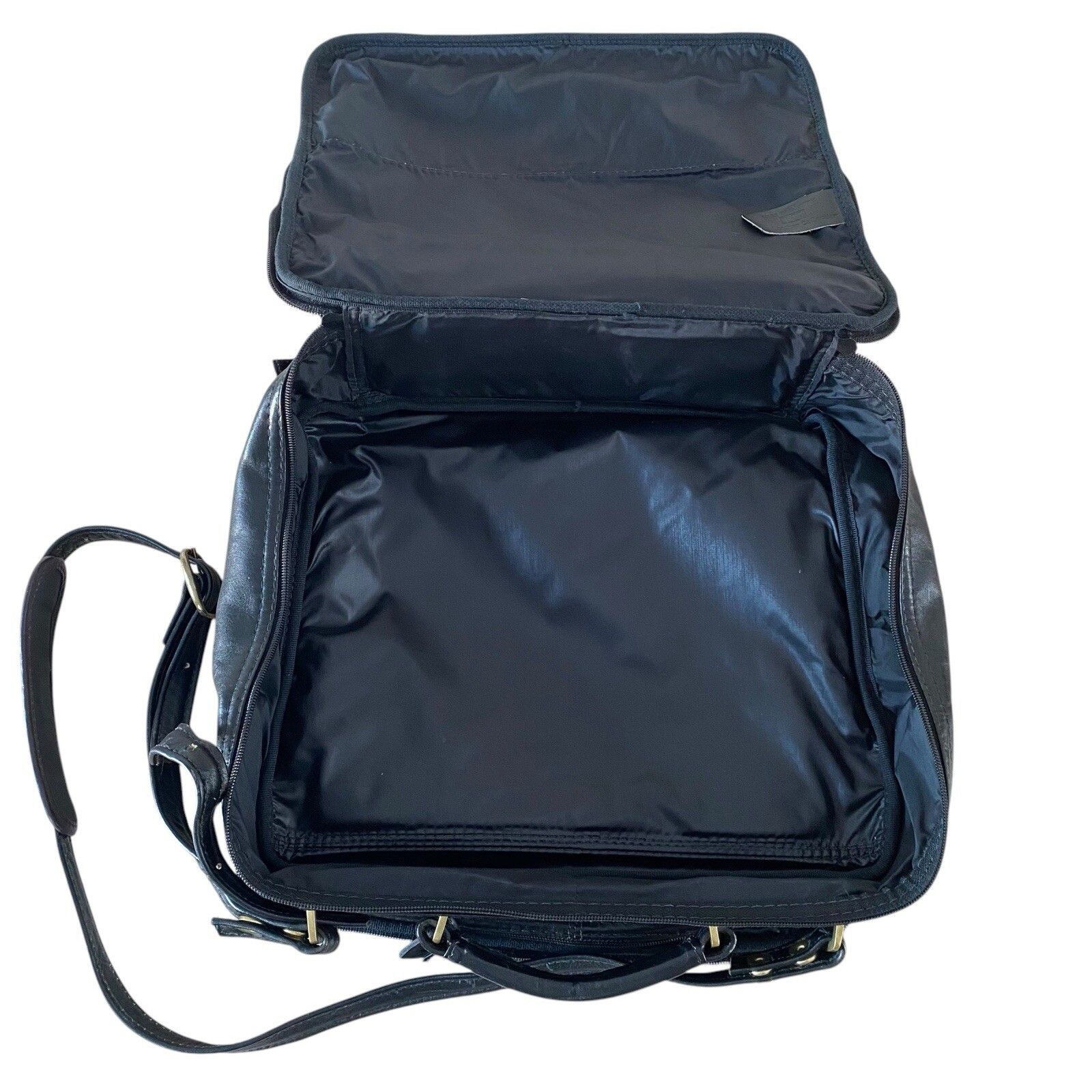Land VTG Leather Bag Black Travel Business Carry On Shoulder Strap Zip Around