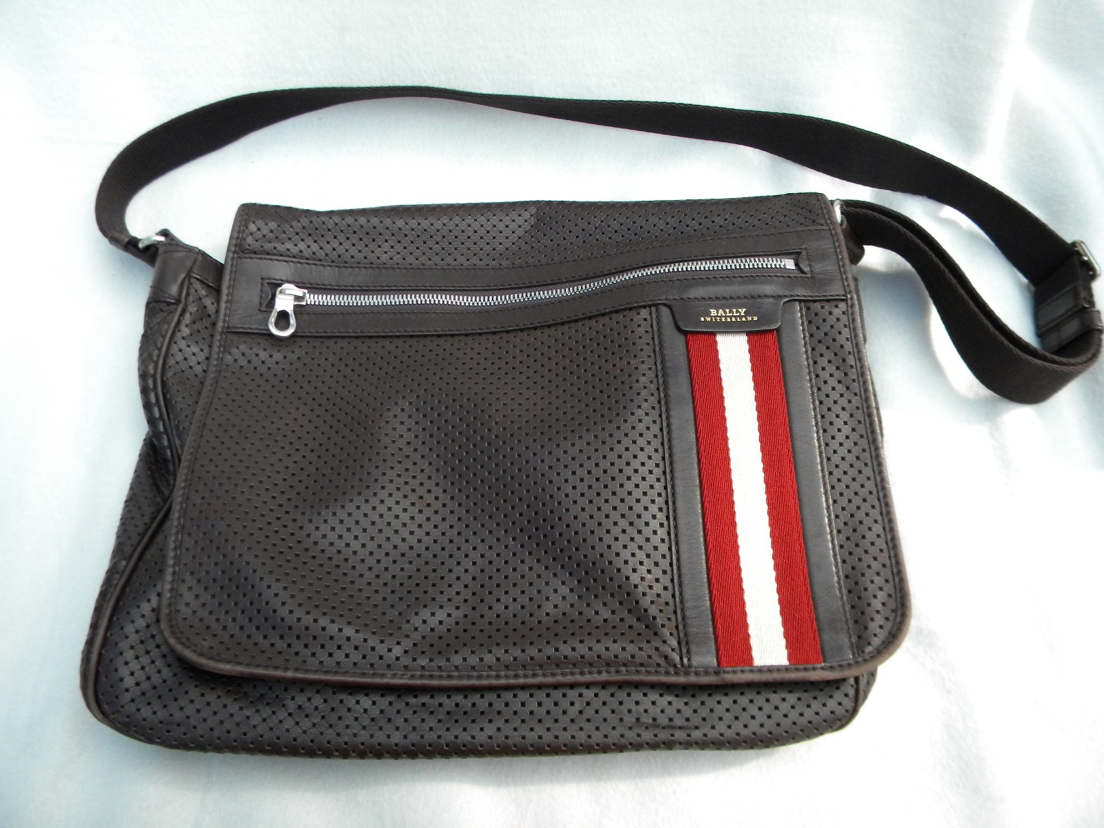 Bally Switzerland Red Stripe Brown Leather Messenger/Satchel Shoulder Bag Clean!