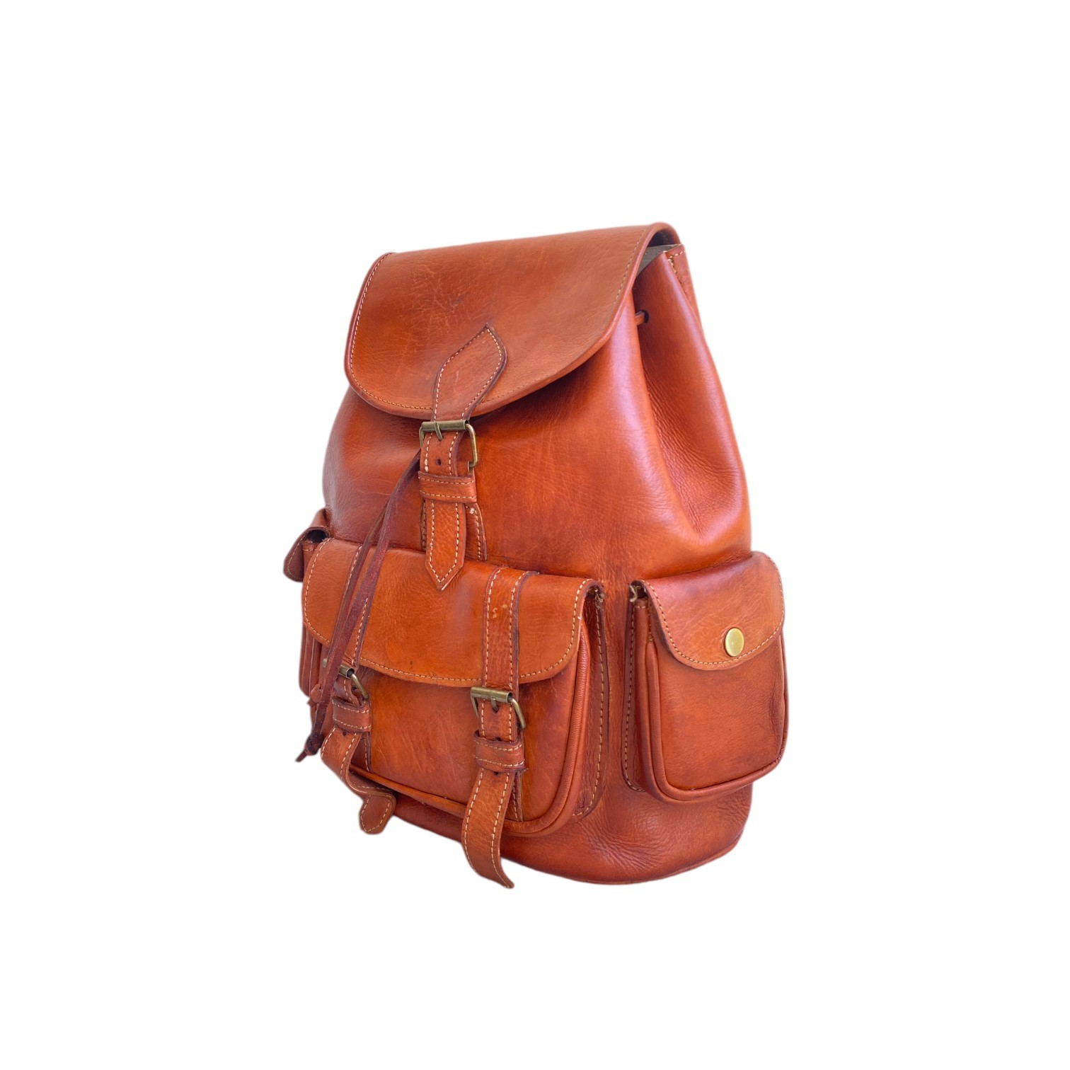 Cognac Leather Backpack Handmade Morocco 2 Pockets Genuine Leather Bag