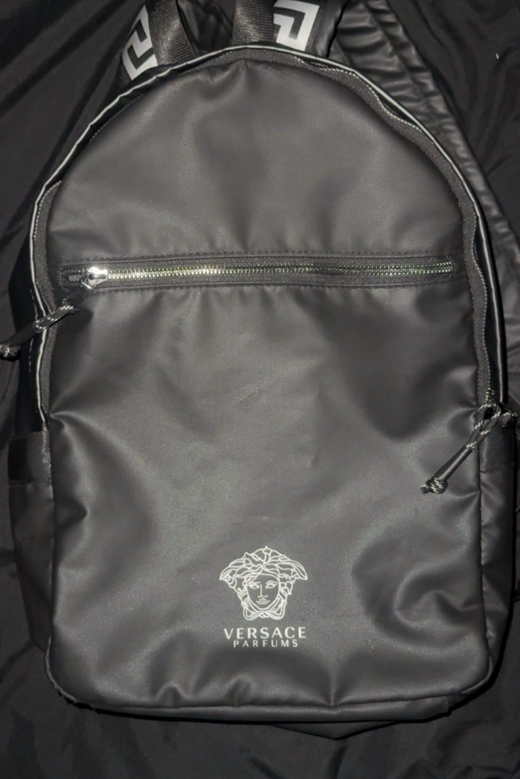 Versace Parfums Men’s Black Backpack Medusa Logo Zip Closure Adjustable Straps
