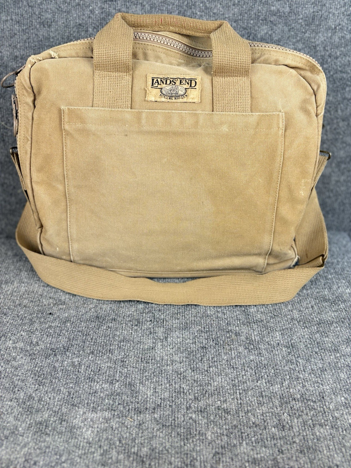Lands End Square Rigger Messenger Bag Tan Canvas Medium Travel Work Briefcase