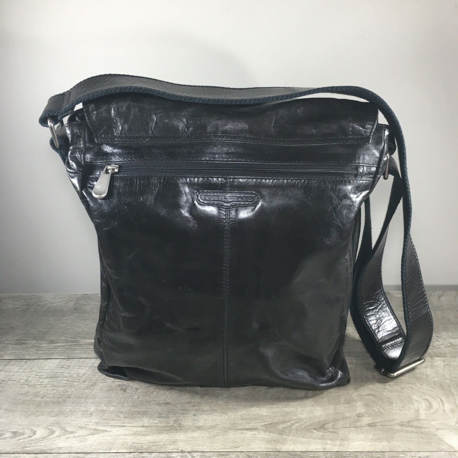 Fossil Transit Messenger Briefcase School Black Distressed Leather Shoulder Bag