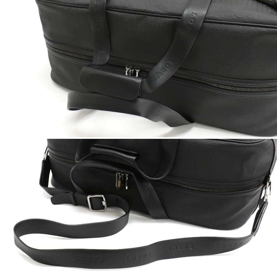 LOEWE Repeat Anagram Duffle Bag Traveling bag Black Leather Purse T10L