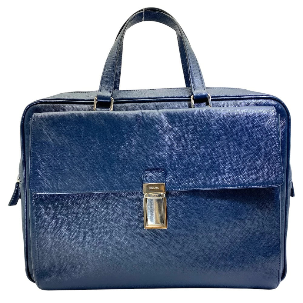 PRADA Business Bag Briefcase Triangle Logo Saffiano Leather Navy Silver