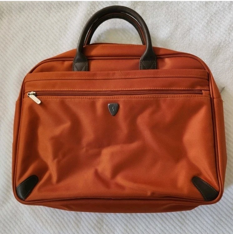 Men’s Orange/Brown Laptop Briefcase Document Case Zip, Top Handle, Strap