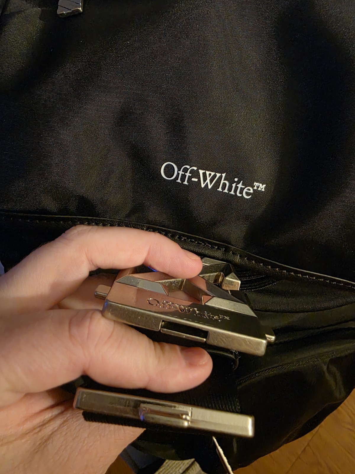 Off-White Drawstring Tuc Nylon Backpack with Dual Front Zipper Pockets BNWT