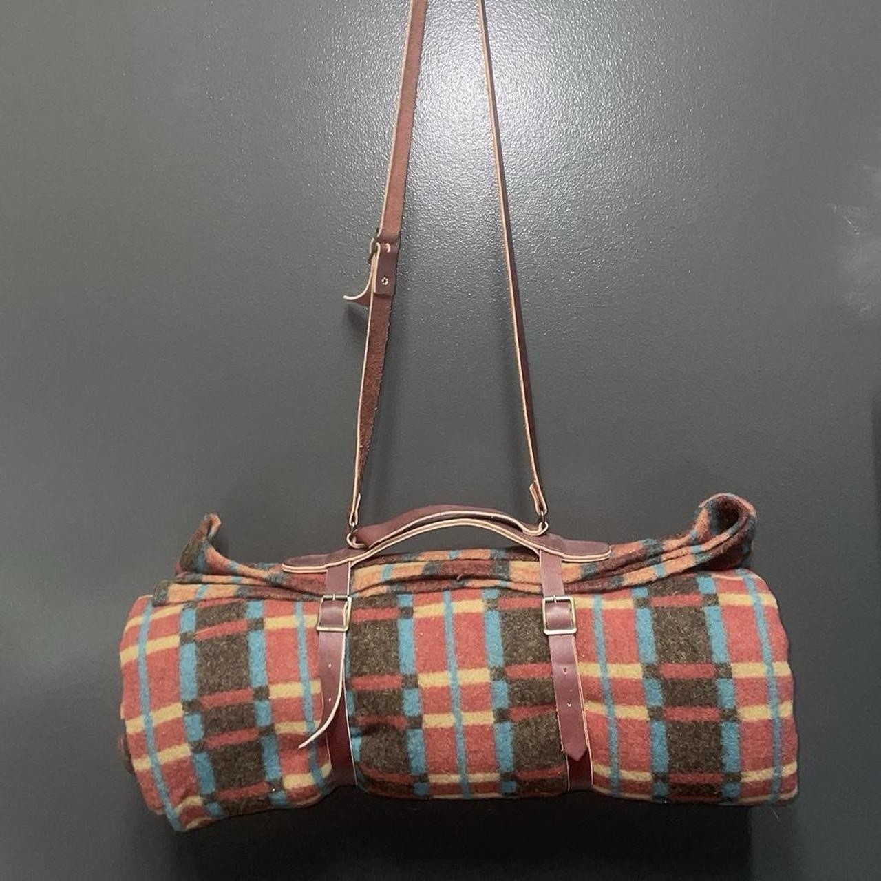 Vintage Woolrich Wool Camp Roll Up Blanket With Leather Carry Harness