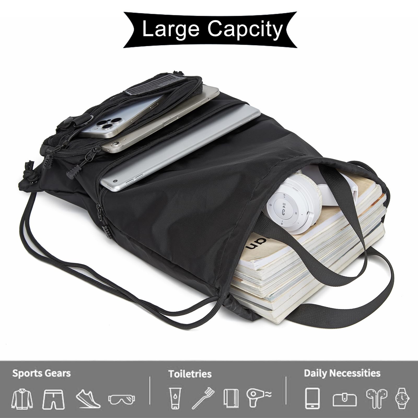 Drawstring Backpack Tactical String Bag with Zipper Pockets Waterproof Cinch …