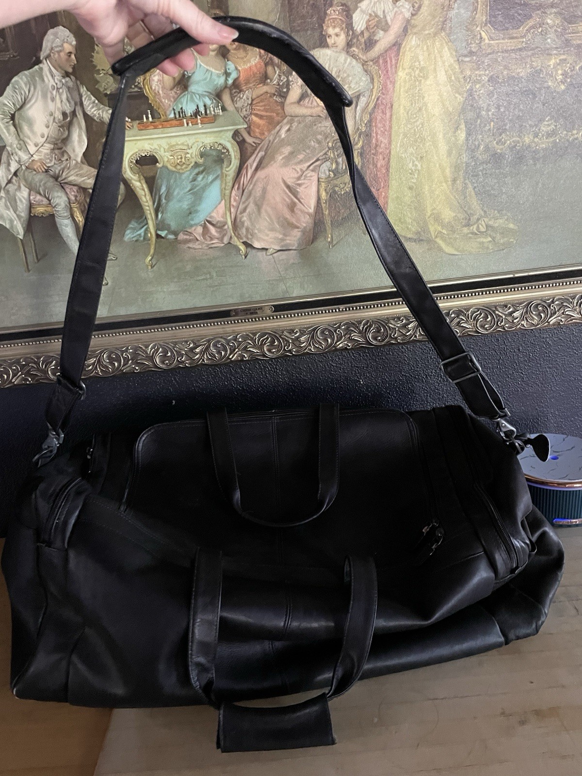 Black Leather Travel Duffel Bag Gym Weekender Overnight Luggage Mens Large