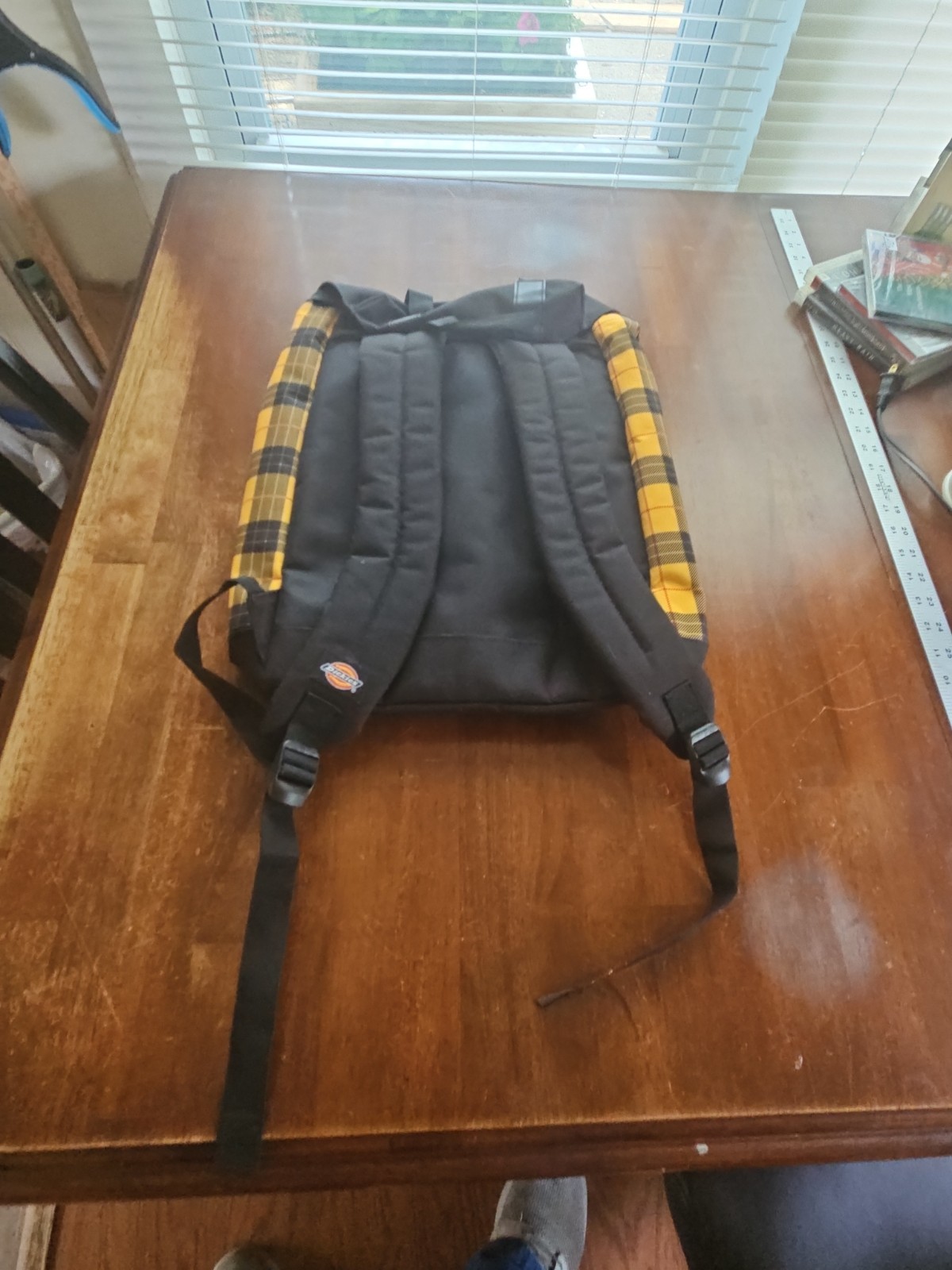 Dickies Backpack Black Yellow Plaid Flap Shoulder Adjustable Strap Drawstring