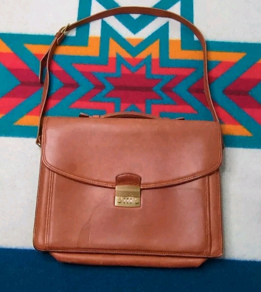 Vintage Coach British Tan Classic Portfolio Lock Briefcase Satchel Bag 16×12″