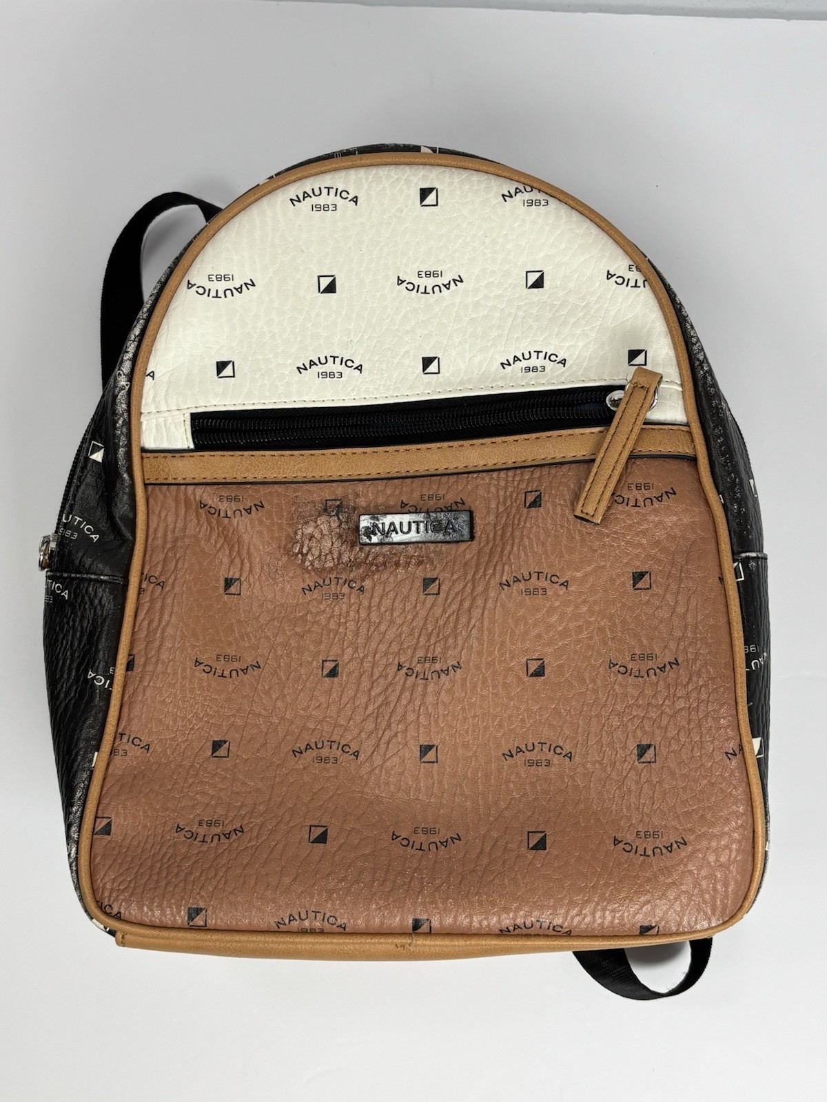 Nautica Medium Logo Print Backpack Brown Black White Zip, Pockets