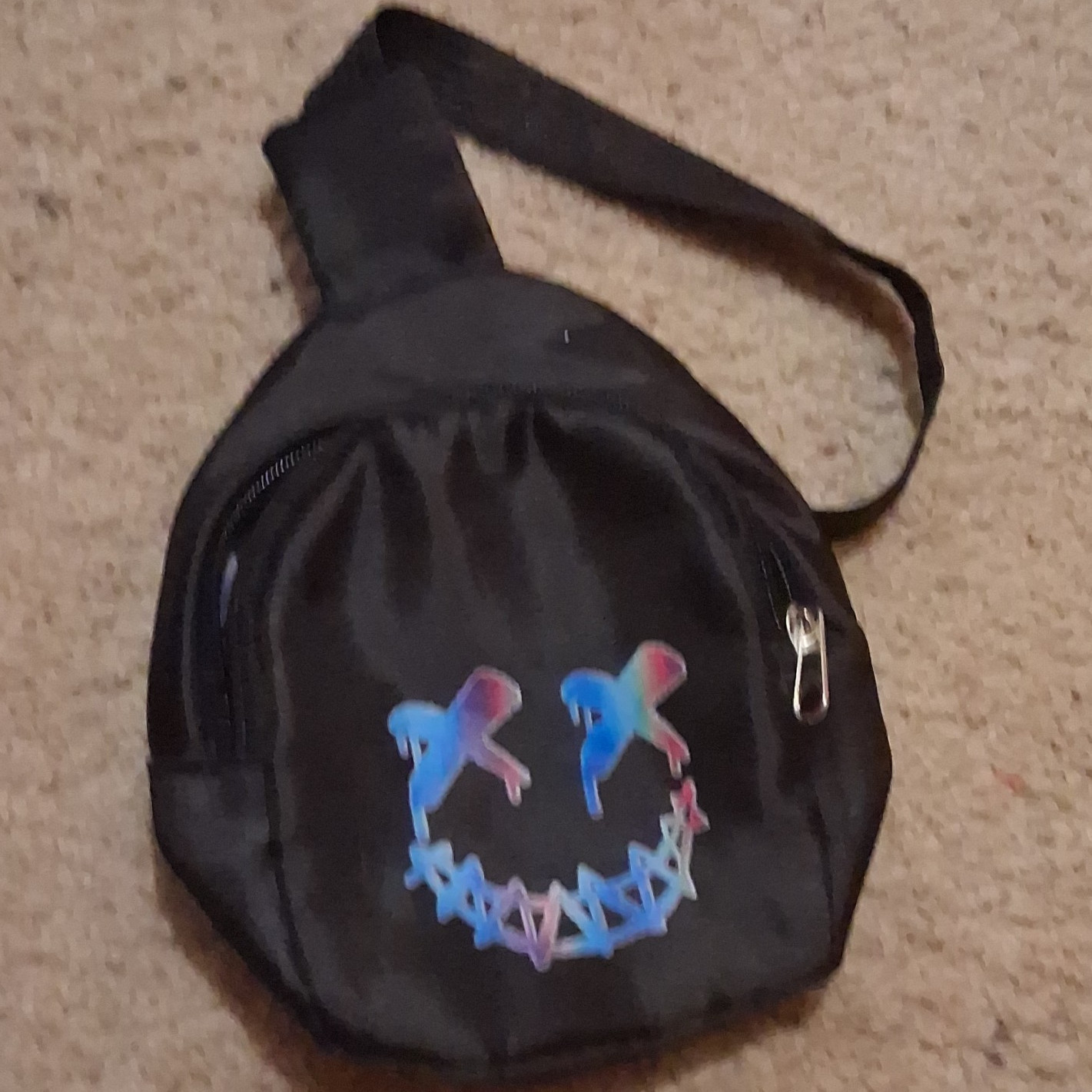 Black Men’s Small Crossbody Sling Bag, Zip Closure, Adjustable Strap, Smiley
