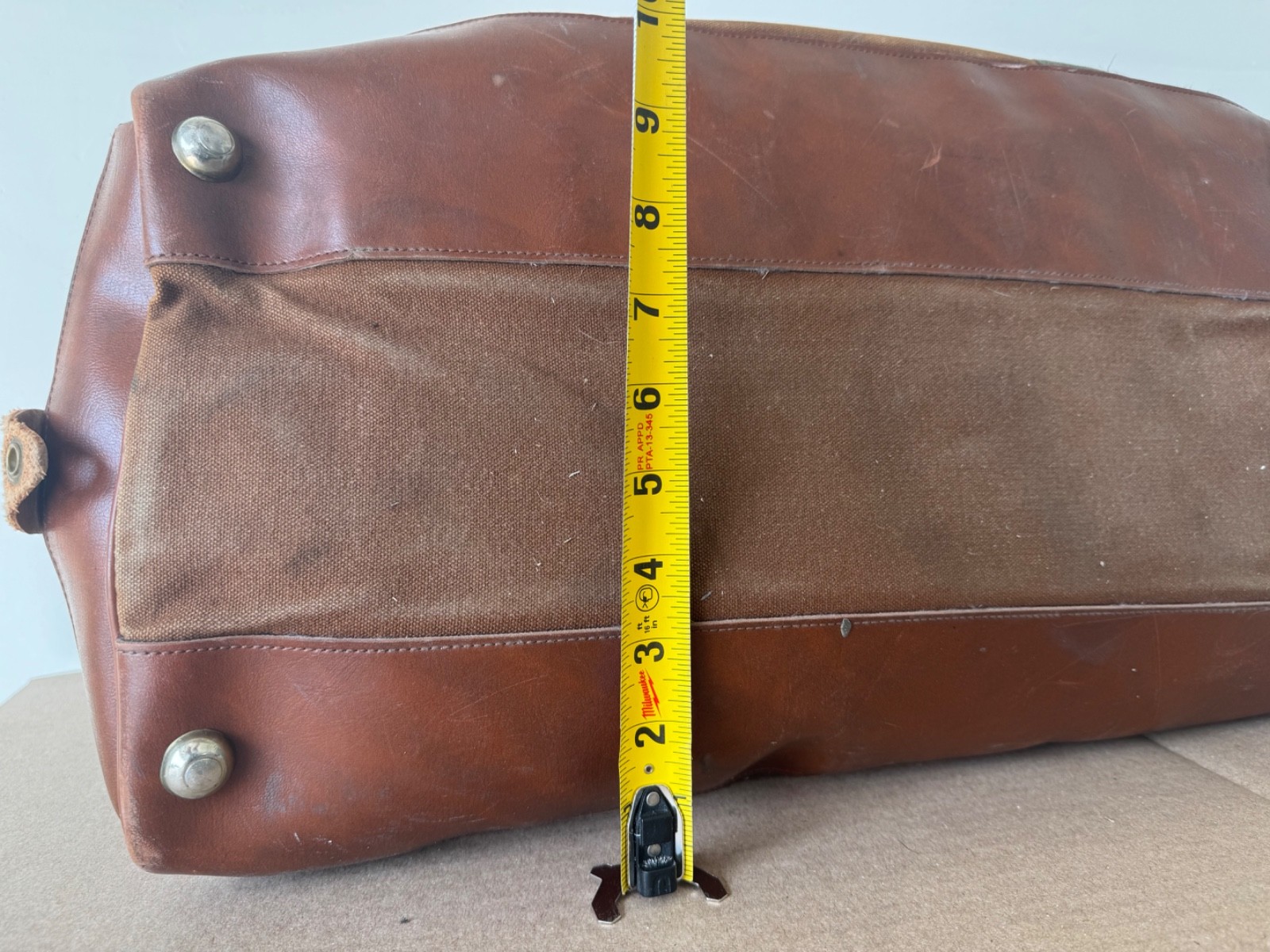 Vintage LL Bean Gym Bag Duffle Brown Olive Green Canvas Leather USA 18″ Tote