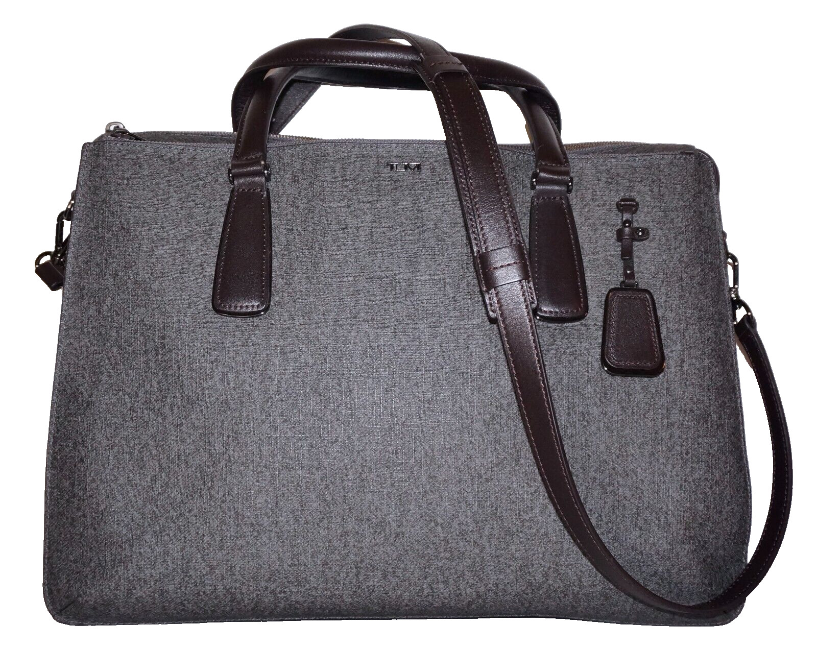 TUMI Large Gray Coated Canvas & Brown Leather Commuter Crossbody Attache’