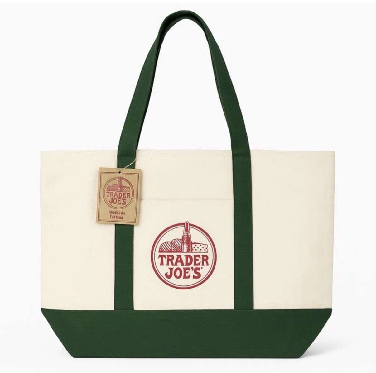 Trader Joe’s tote Bag Canvas Green White Size L (20.5 × 14) Inches New With Tag