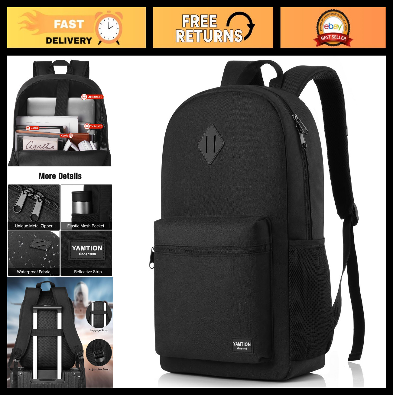 Stylish Black Backpack for Men & Women, 15.6″ Laptop Bookbag with USB Charger, C