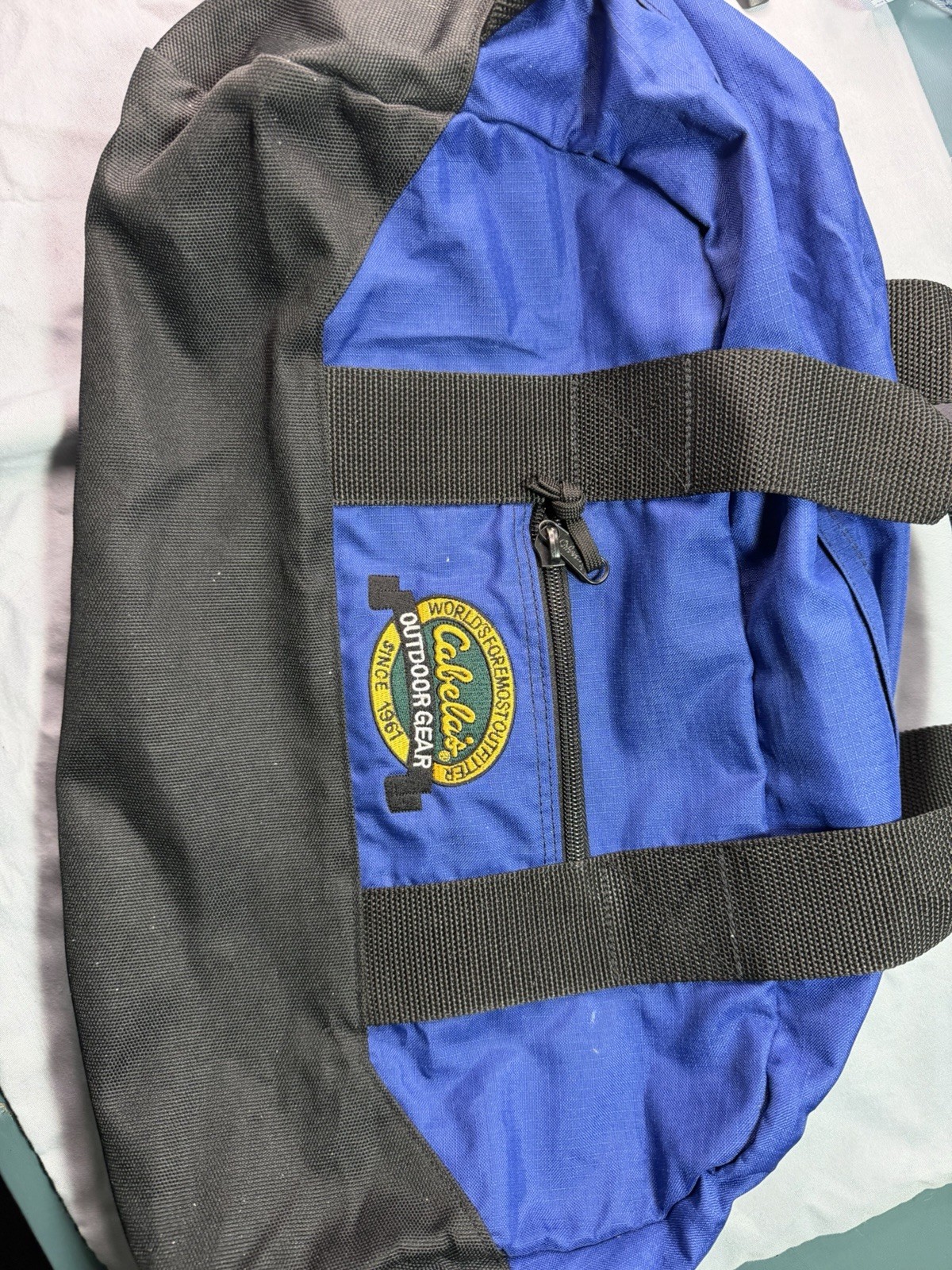 Vintage Cabela’s Outdoor Gear Duffel Bag Blue Black Travel Gym Hunting Camp