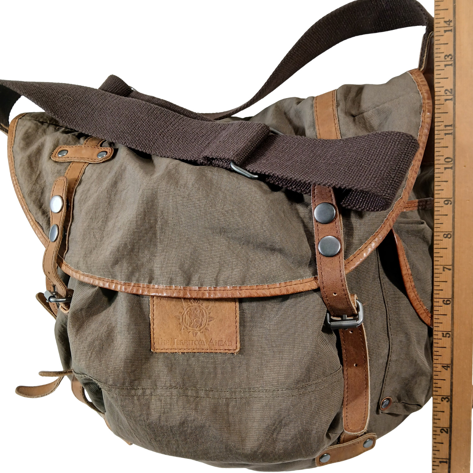 Territory Ahead Canvas Leather Trim Field Messenger Bag Olive Green Travel Utili