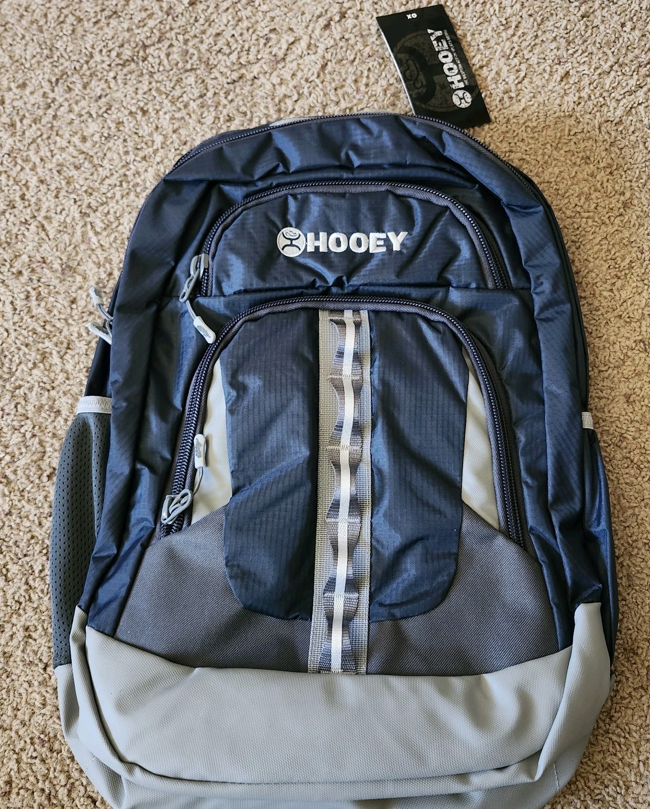 NWT HOOEY OX Backpack Lg 40L Charcaol&Navy Aztec LOTS of COMPARTMENTSRain Cover