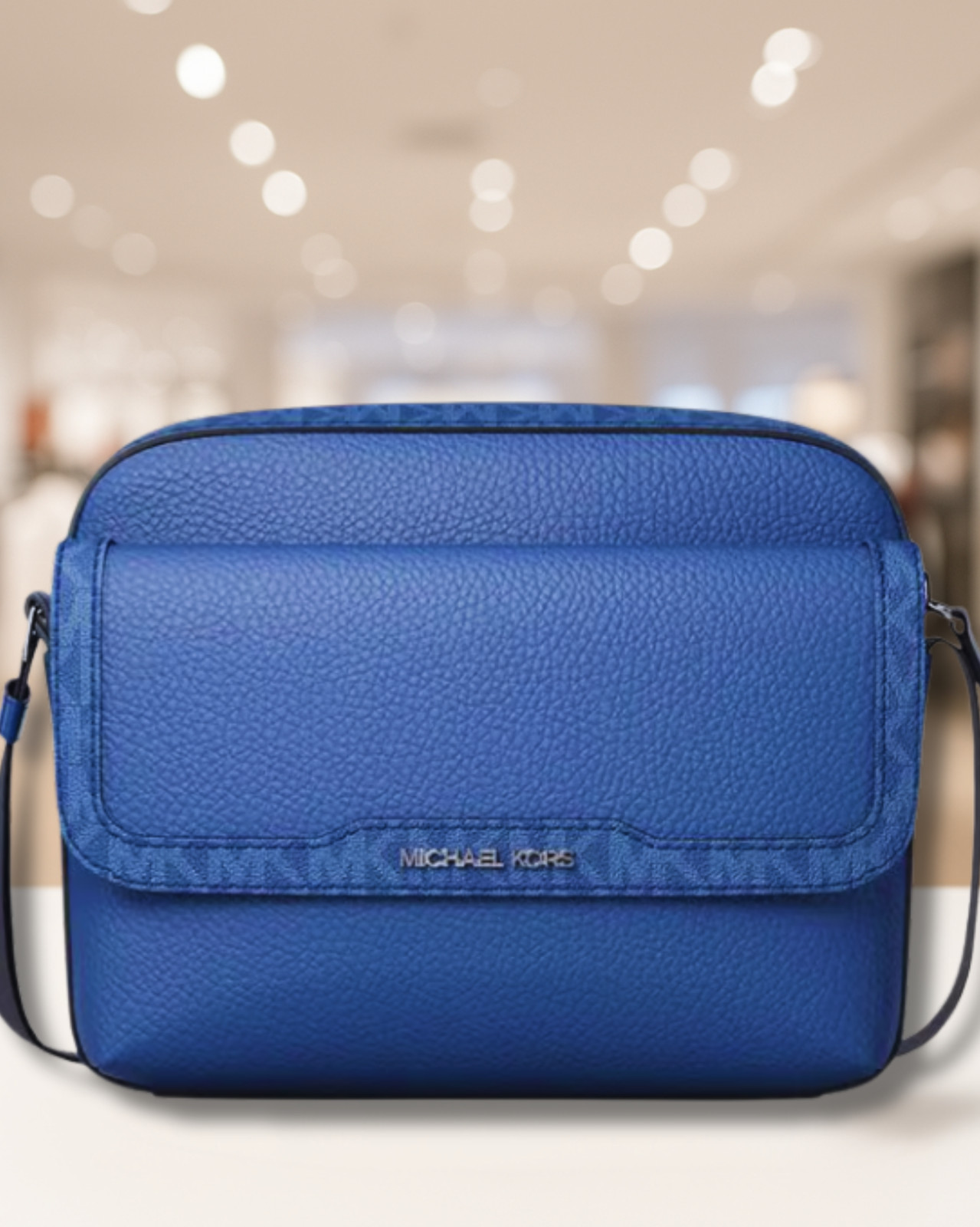 Michael Kors Cooper Medium Leather & Logo Flap Camera Crossbody Bag Galaxy Blue