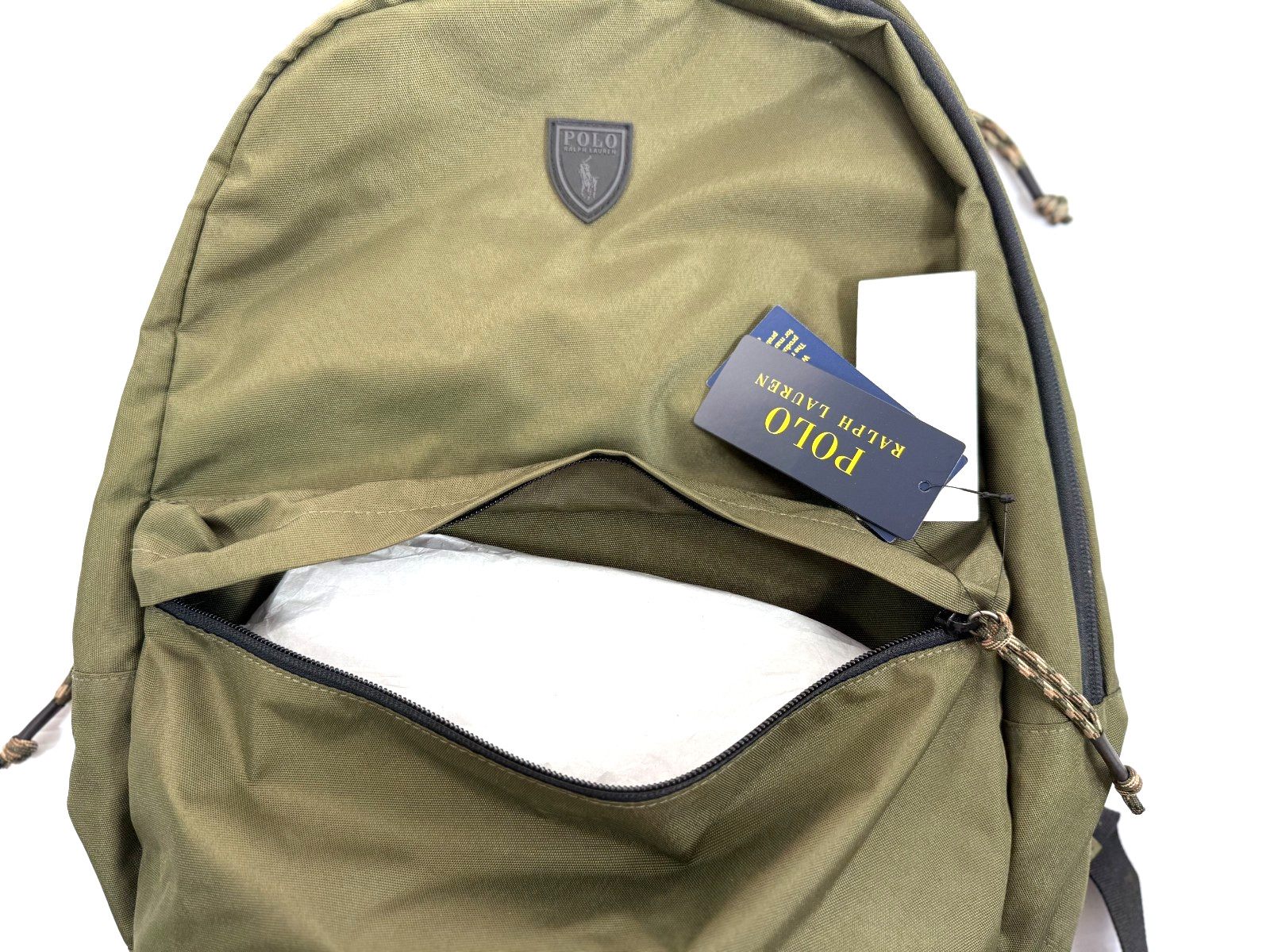 Polo Ralph Lauren Polyester Packable Backpack Black Logo Patch Olive Green