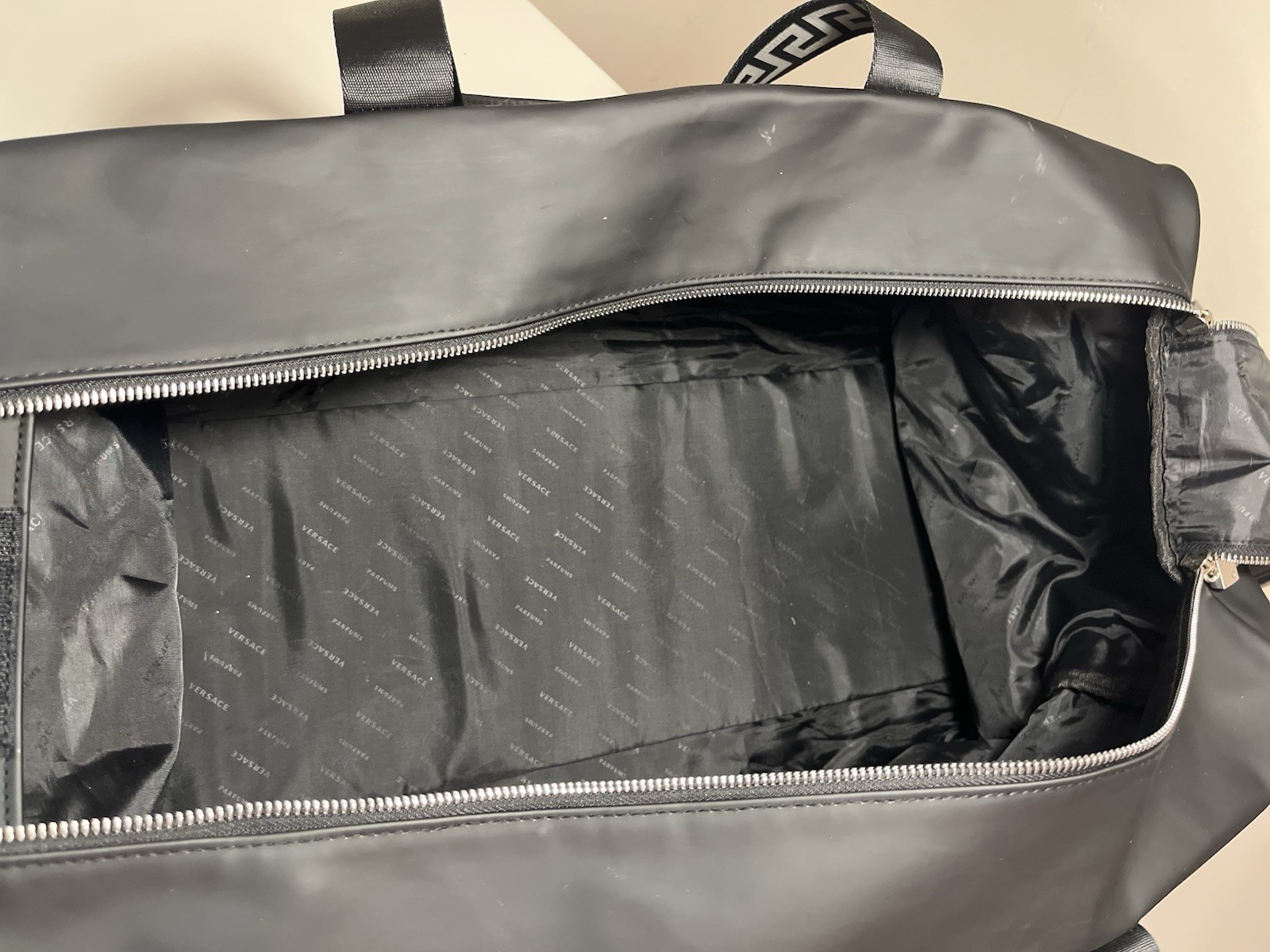 VERSACE black Overnight Duffle Bag With Strap Greek Key Pattern Weekender Bag