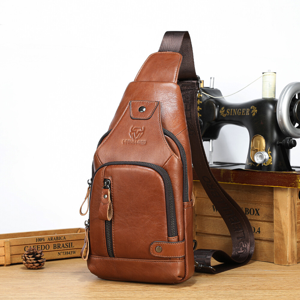 Men’s Genuine Leather Crossbody Sling Bag Multi-Pocket Chest Bag for Daily Use